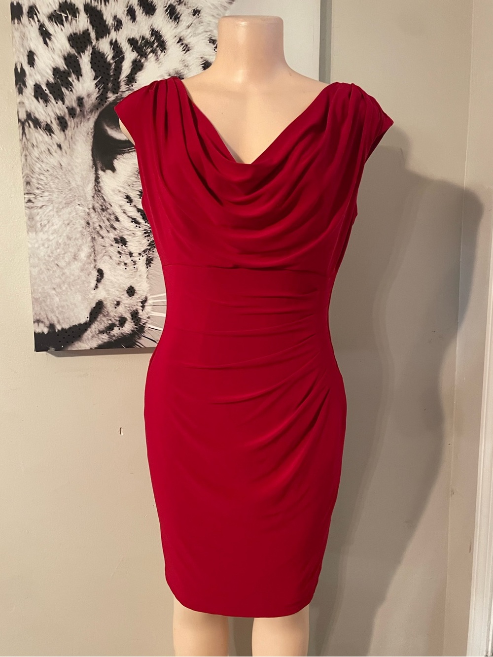 Ralph Lauren matte Red Draped cowl Neck Women's Sheath Dress side ruching soft